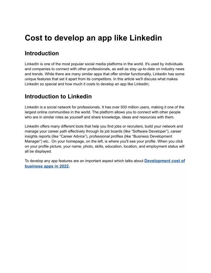 cost to develop an app like linkedin