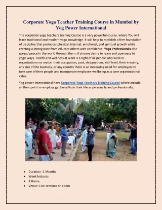 Corporate Yoga Teacher Training Course in Mumbai by Yog Power International