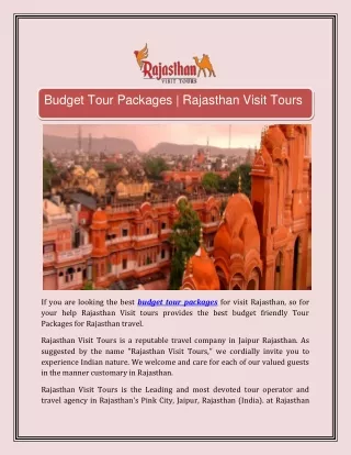 Budget Tour Packages | Rajasthan Visit Tours