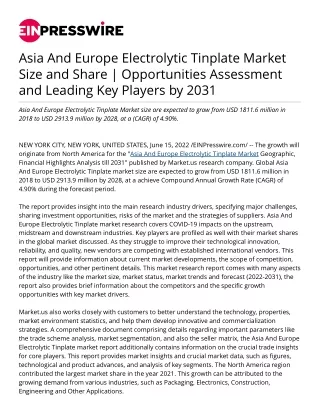 Asia And Europe Electrolytic Tinplate Market Size and Share