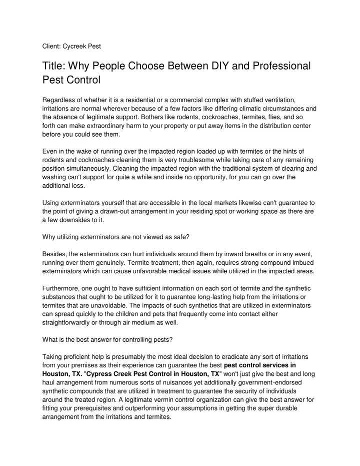 client cycreek pest title why people choose