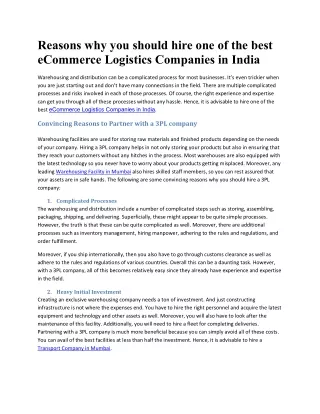 Reasons why you should hire one of the best eCommerce Logistics Companies in India