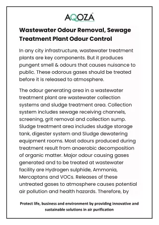 Wastewater Odour Removal, Sewage Treatment Plant Odour Control