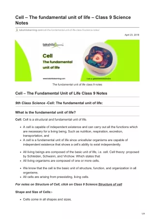 Cell  The fundamental unit of life  Class 9 Science Notes