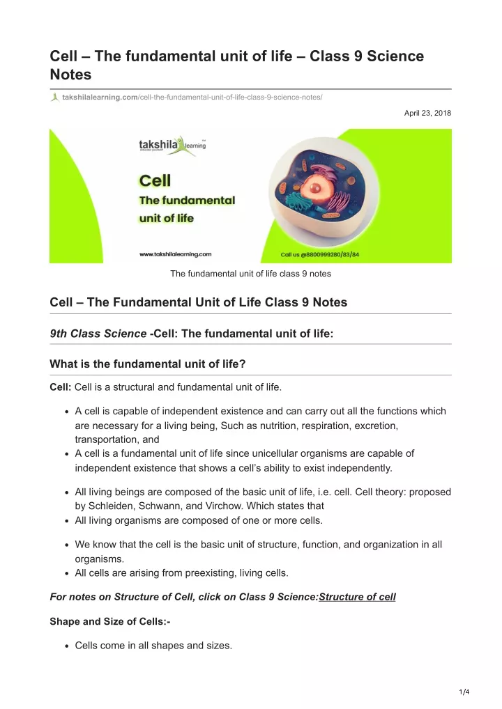cell the fundamental unit of life class 9 science