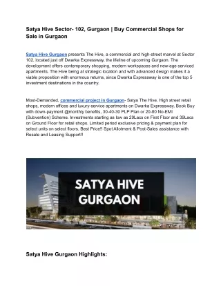Satya Hive Sector- 102, Gurgaon _ Buy Commercial Shops for Sale in Gurgaon