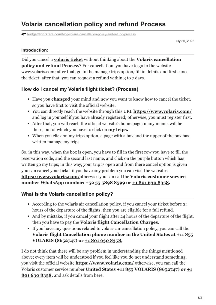 volaris cancellation policy and refund process
