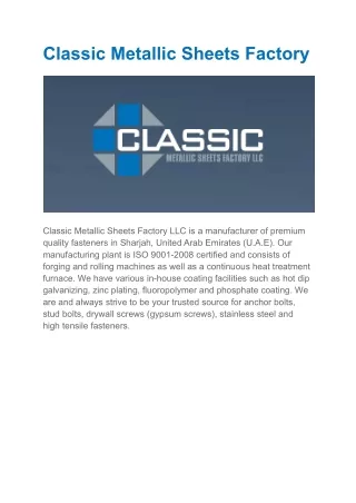 Classic Metallic Sheets Factory LLC is A Manufacturer of Premium Quality Fasteners