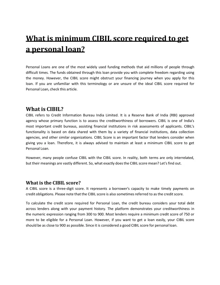what is minimum cibil score required to get a personal loan