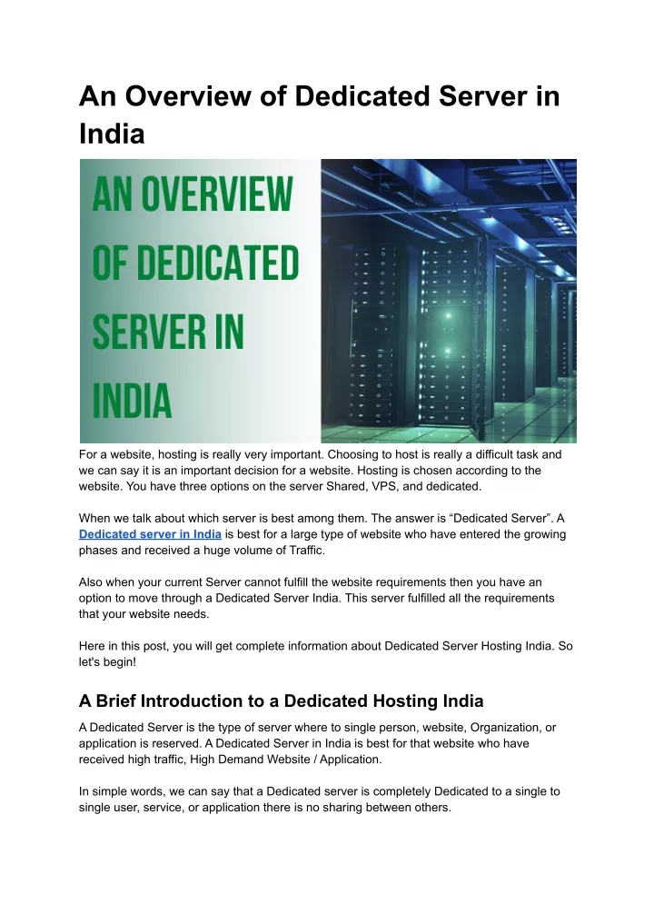 an overview of dedicated server in india