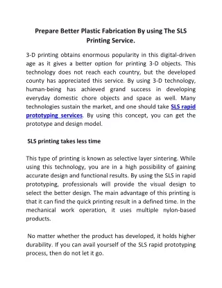 Prepare Better Plastic Fabrication By using The SLS Printing Service
