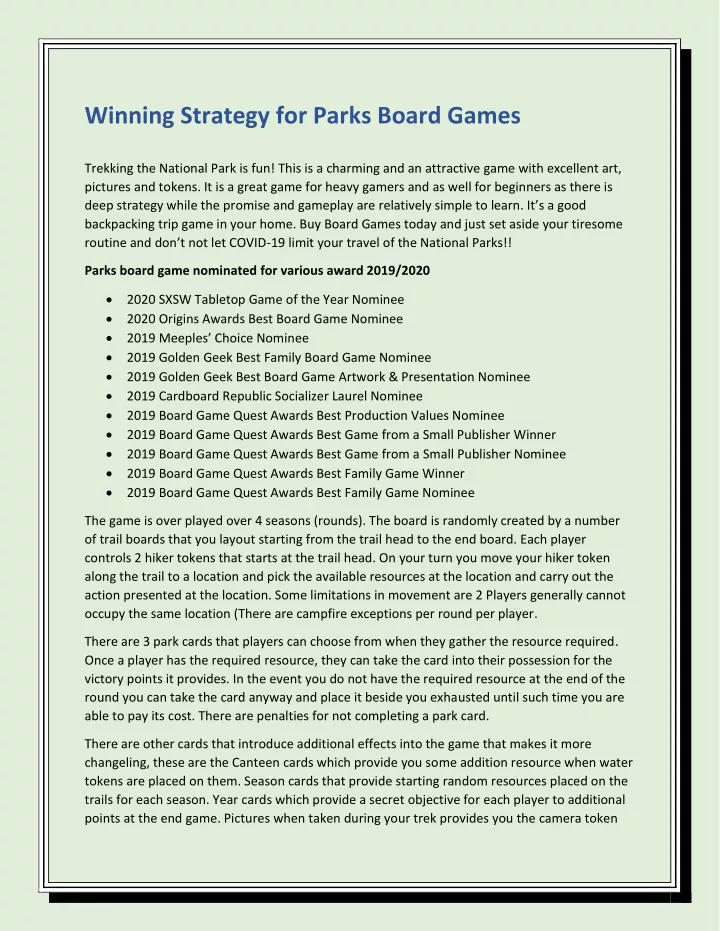 winning strategy for parks board games