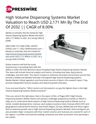 high volume dispensing systems market