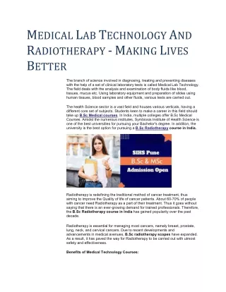 Medical Lab Technology And Radiotherapy - Making Lives Better