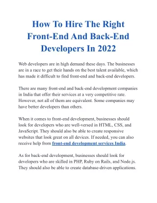 How To Hire The Right Front-End And Back-End Developers In 2022