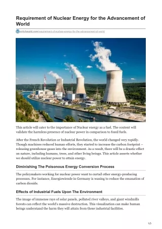 Requirement of Nuclear Energy for the Advancement of World
