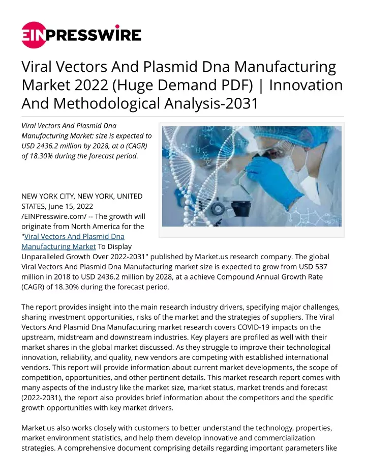 viral vectors and plasmid dna manufacturing