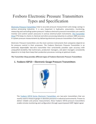 Foxboro Electronic Pressure Transmitters Types and Specification
