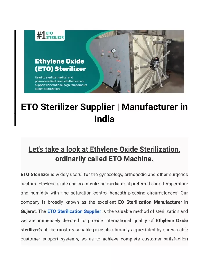 eto sterilizer supplier manufacturer in india