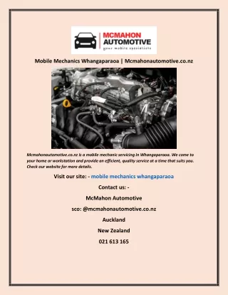 Mobile Mechanics Whangaparaoa | Mcmahonautomotive.co.nz