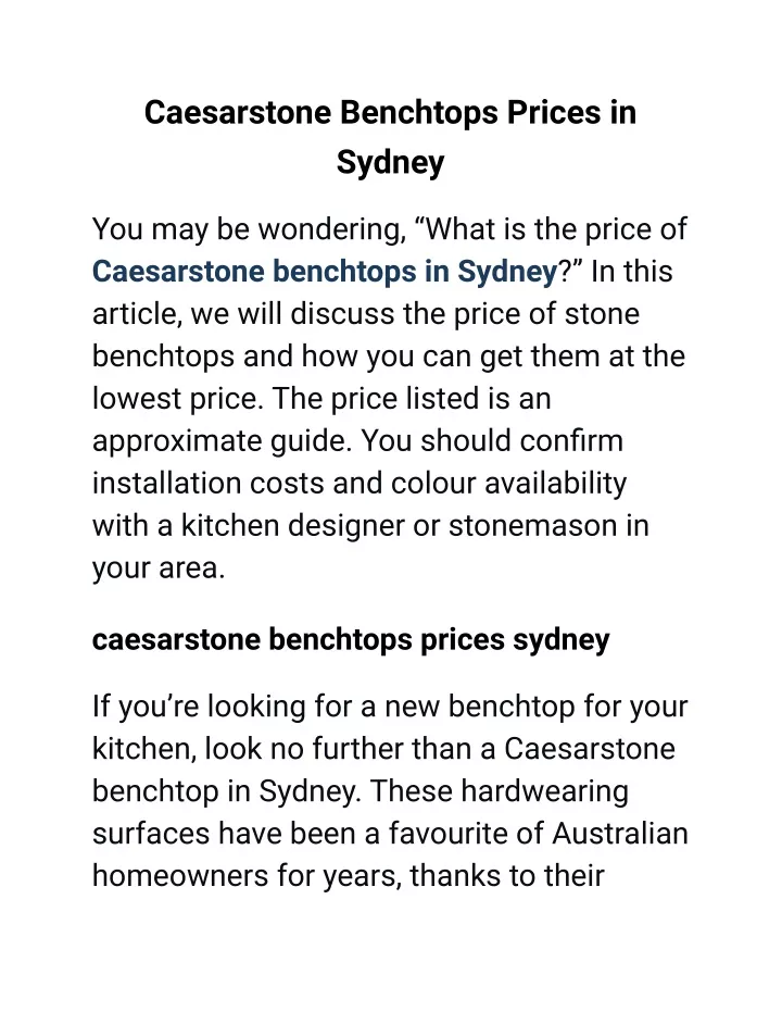 caesarstone benchtops prices in sydney