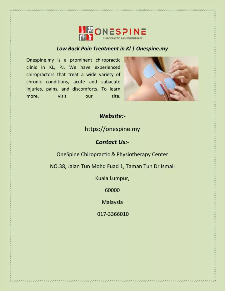 low back pain treatment in kl onespine my
