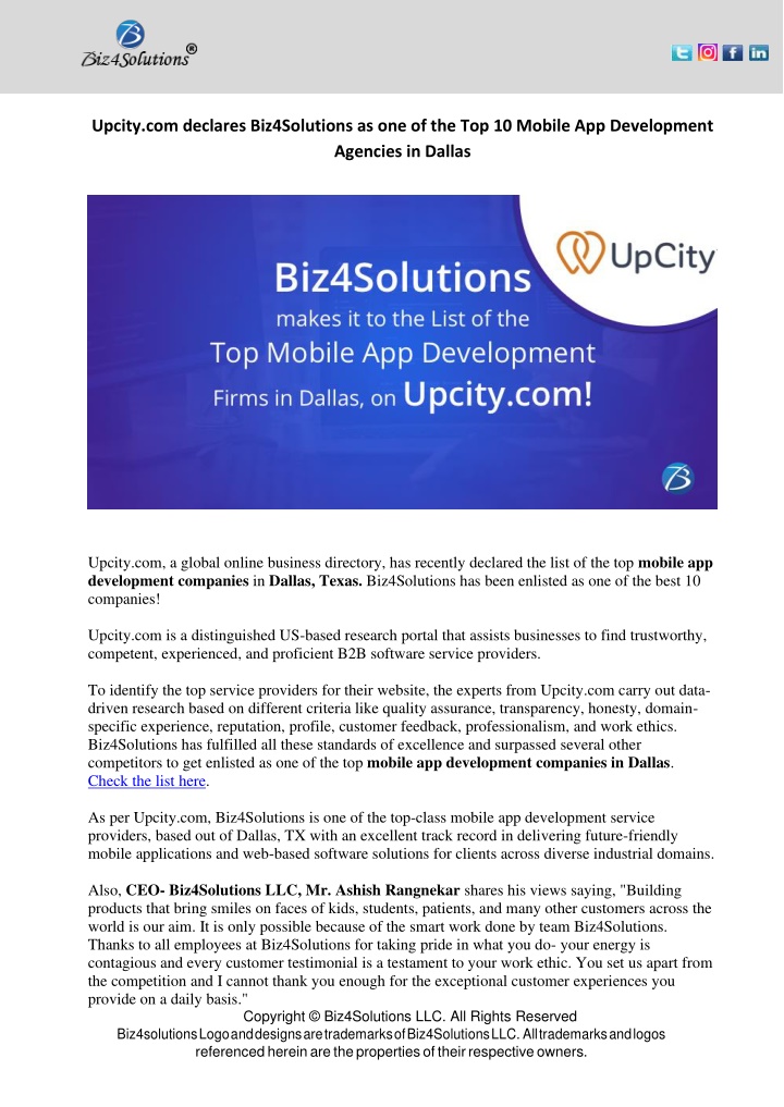 upcity com declares biz4solutions