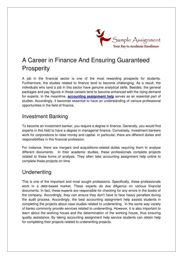 a career in finance and ensuring guaranteed