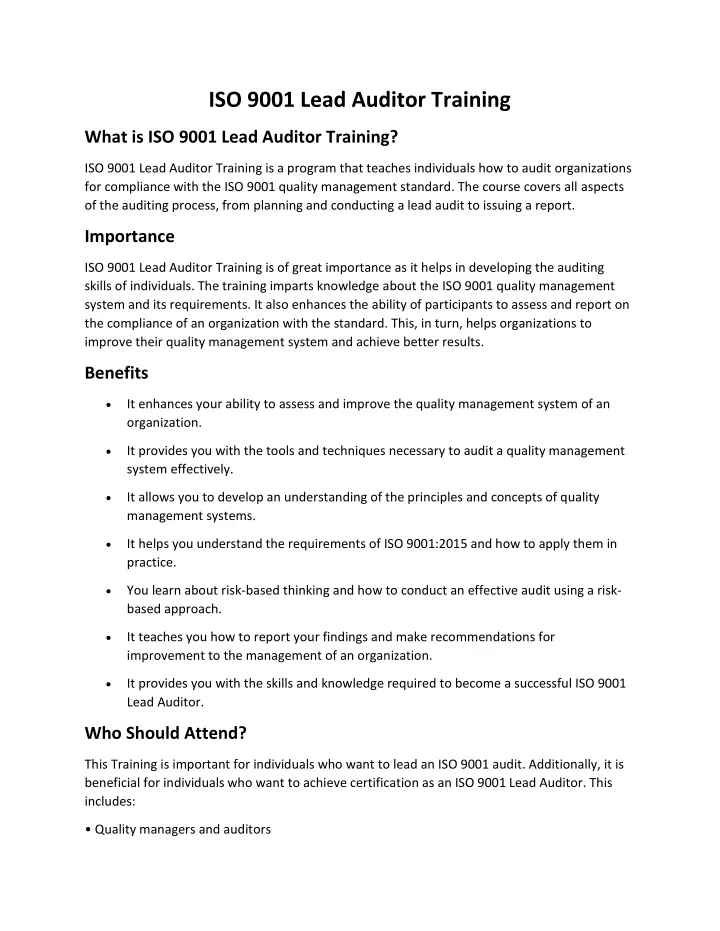 iso 9001 lead auditor training