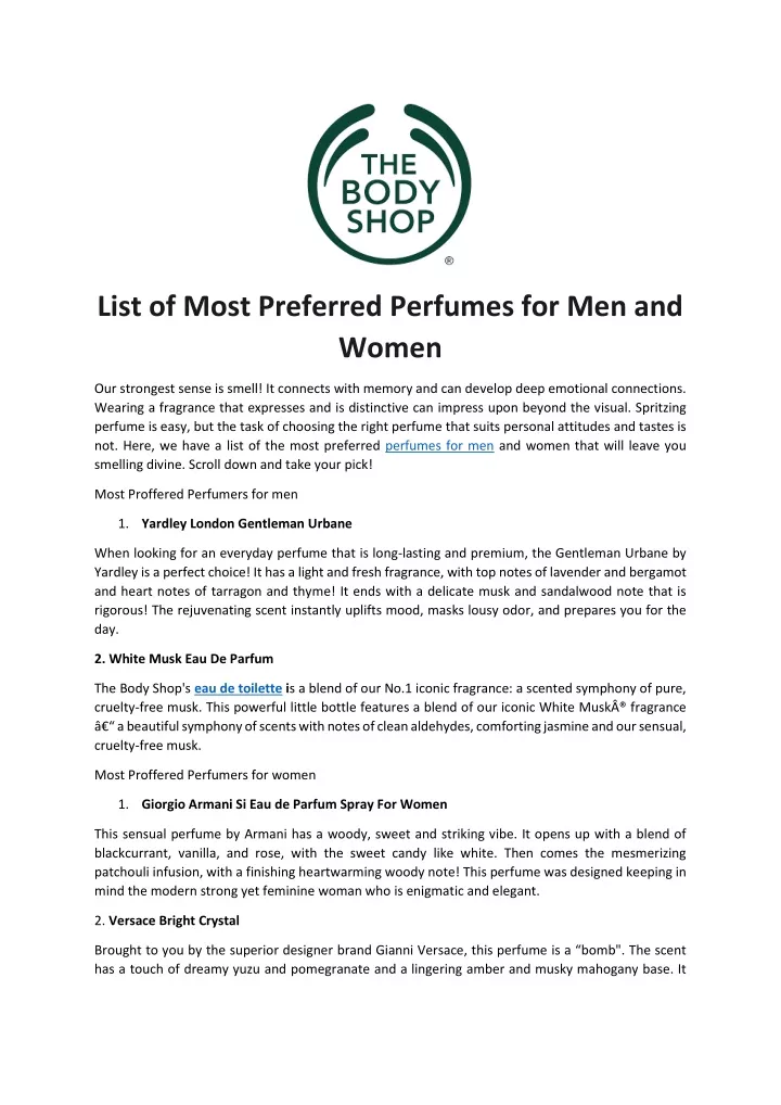 list of most preferred perfumes for men and women