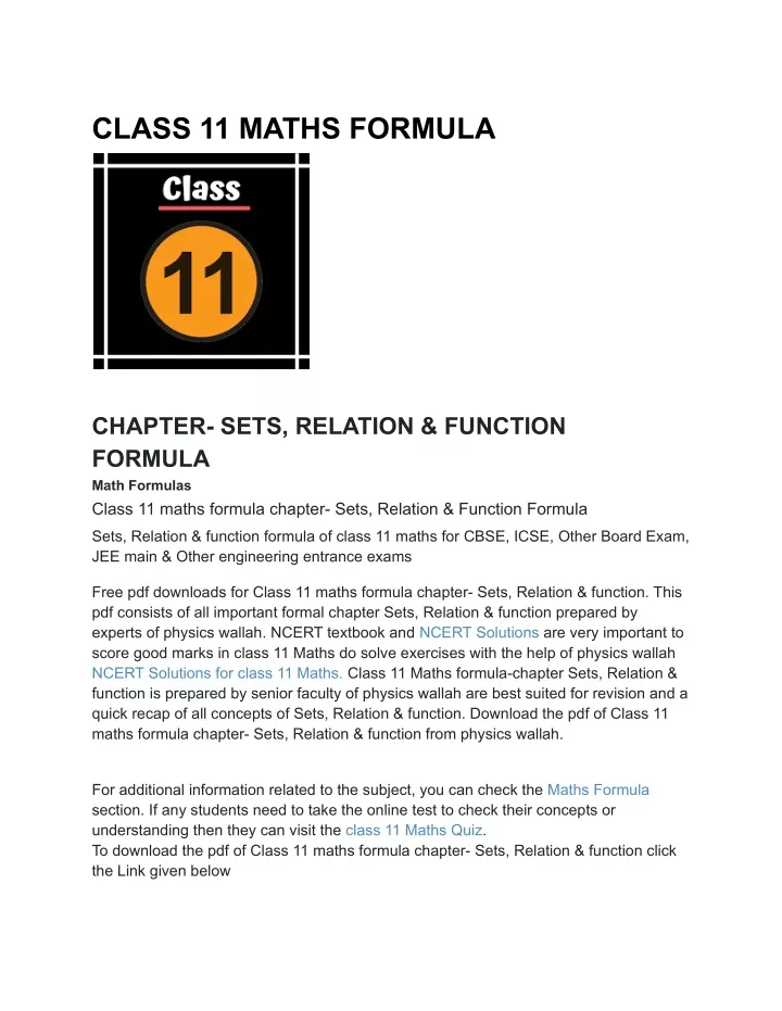 class 11 maths formula