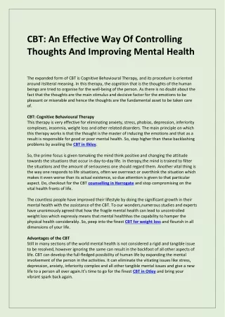 CBT An Effective Way Of Controlling Thoughts And Improving Mental Health