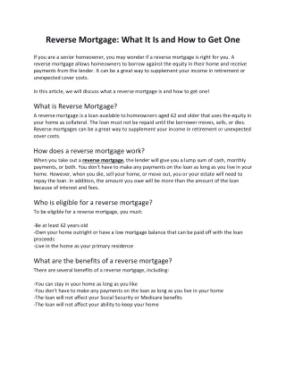 Reverse Mortgage What It Is and How to Get One