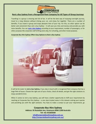 Rent a Bus Sydney from a Recognized Fleet Company for All Types of Group Journeys