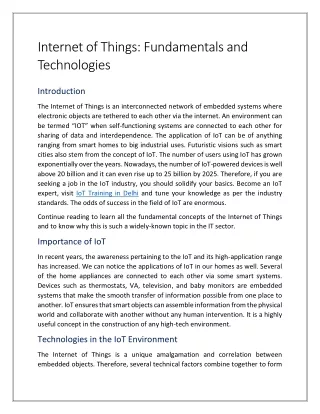 Internet of Things: Fundamentals and Technologies