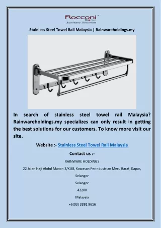 Stainless Steel Towel Rail Malaysia | Rainwareholdings.my