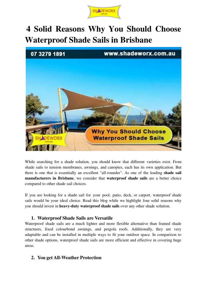 4 s ol i d r e aso n s w h y you sh o u ld choos e waterproof shade sails in brisbane