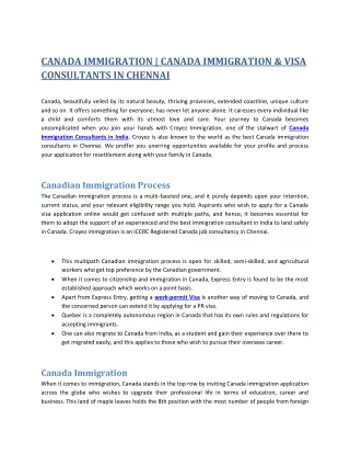 CANADA IMMIGRATION  CANADA IMMIGRATION & VISA CONSULTANTS IN CHENNAI
