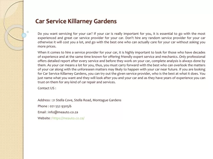 car service killarney gardens