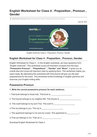 English Worksheet for Class 4  Preposition  Pronoun  Gender