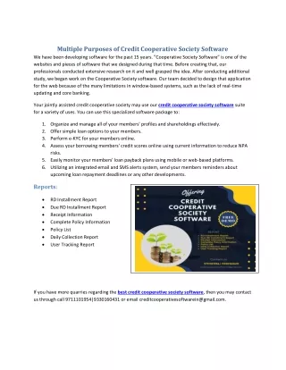 Multiple Purposes of Credit Cooperative Society Software