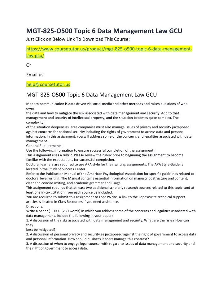 mgt 825 o500 topic 6 data management law gcu just