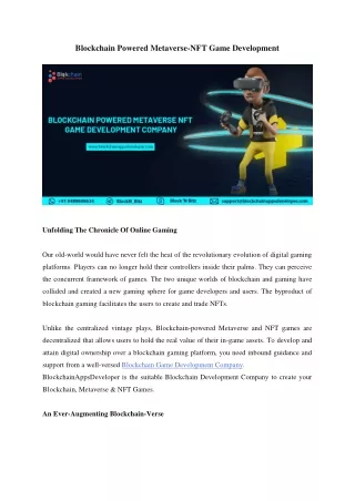 Blockchain Powered Metaverse-NFT Game Development