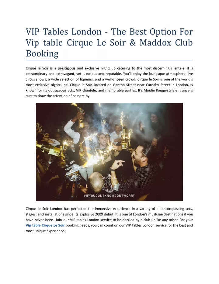 PPT - VIP Tables London - The Best Option For Vip Table Cirque Le Soir ...