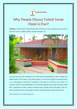 Why People Choose Toshali Sands Hotel in Puri