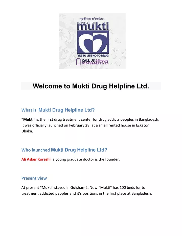 welcome to mukti drug helpline ltd