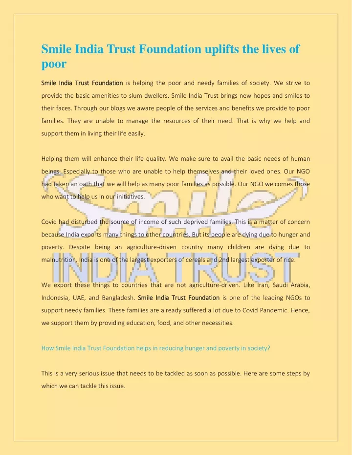 smile india trust foundation uplifts the lives