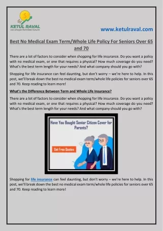 Best No Medical Exam Term/Whole Life Policy For Seniors Over 65 and 70