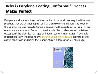 Why is Parylene Coating Conformal Process Makes Perfect