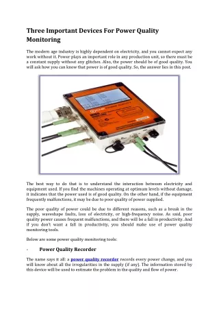 Three Important Devices For Power Quality Monitoring